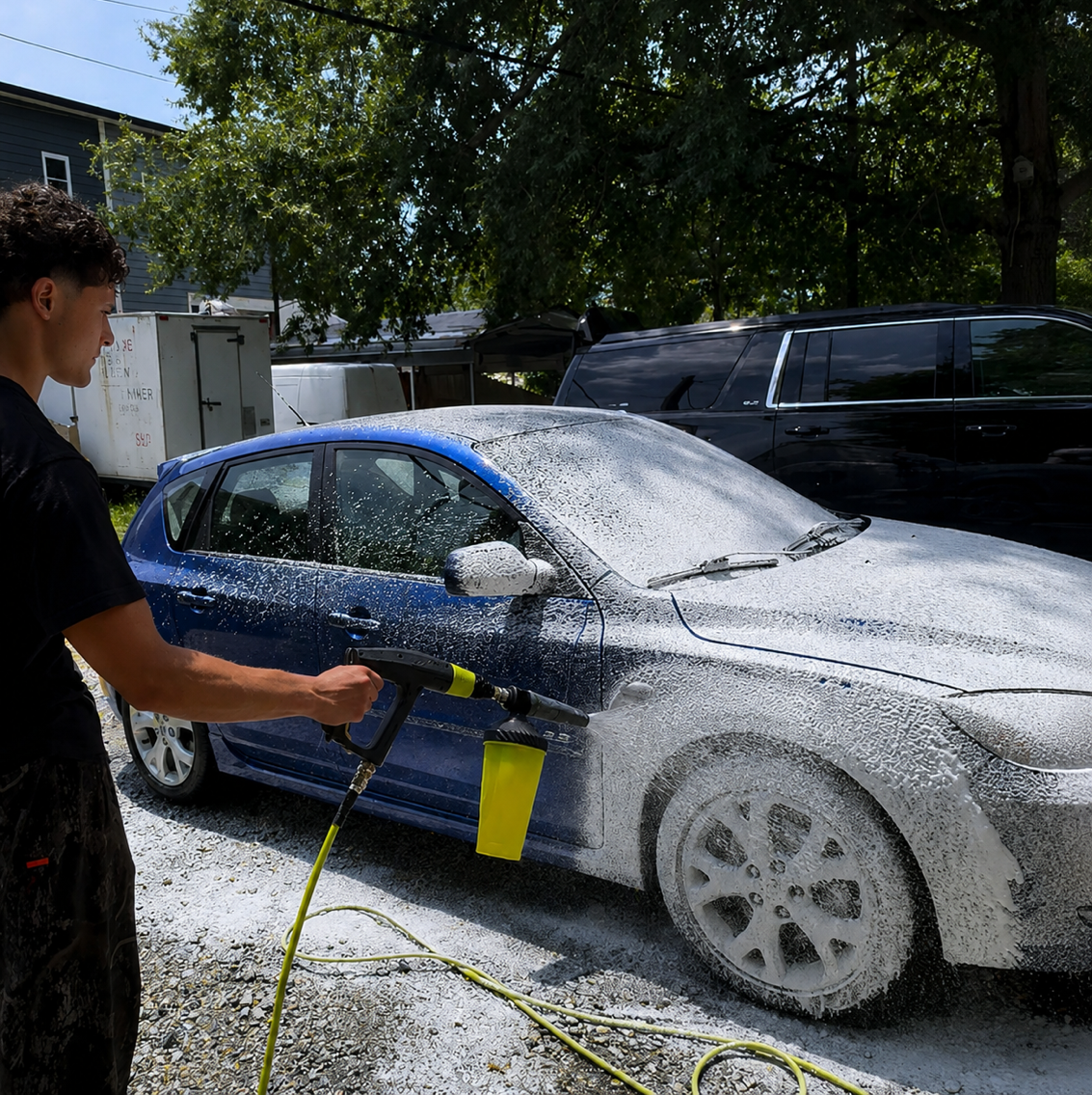 Professional detailer hand-washing a black car exterior with microfiber mitt and soapy water