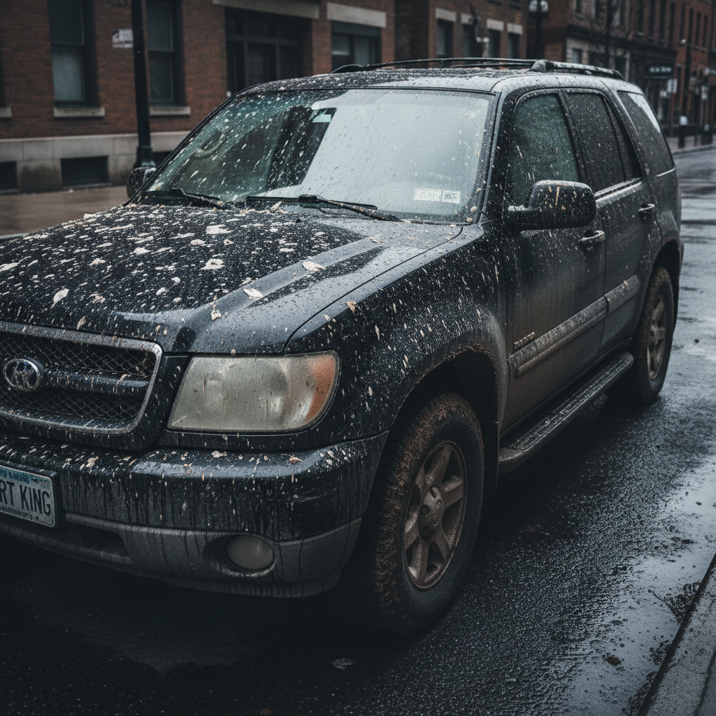 Dirty car exterior with grime, dust, and water spots before professional detailing service